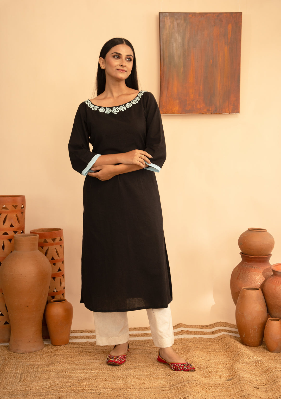 Women’s Cotton Flex Round Neck Hand-Embroidered Regular Fit Kurta
