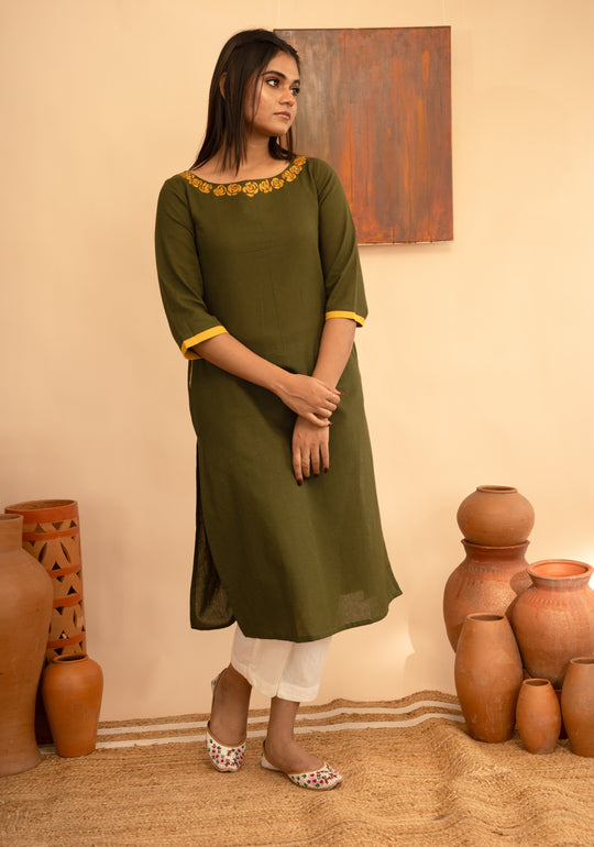 Women’s Cotton Flex Round Neck Hand-Embroidered Regular Fit Kurta - Arya collection