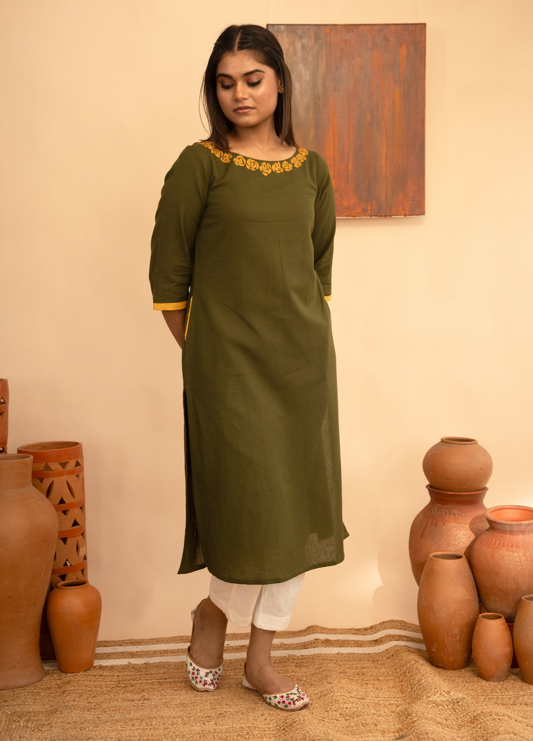 Women’s Cotton Flex Round Neck Hand-Embroidered Regular Fit Kurta - Arya collection