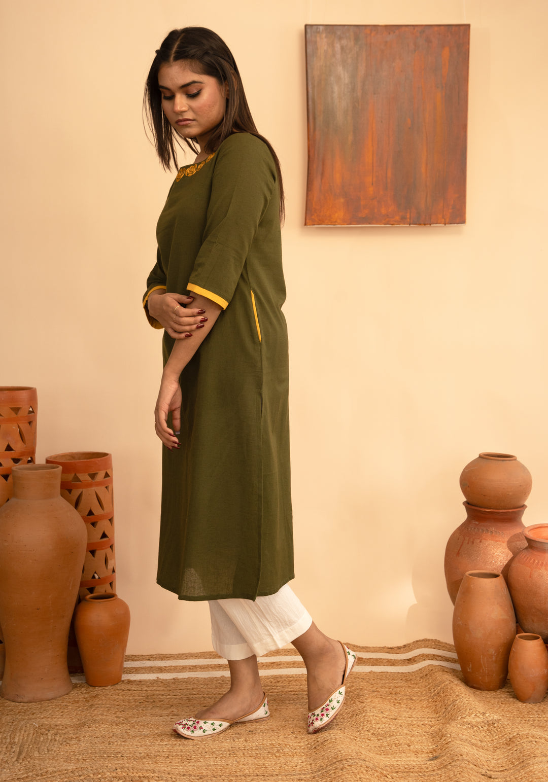 Women’s Cotton Flex Round Neck Hand-Embroidered Regular Fit Kurta - Arya collection