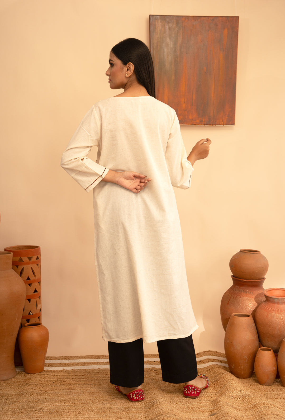 Women’s Chanderi Round Neck Mukaish Regular Fit Kurta - Arya collection