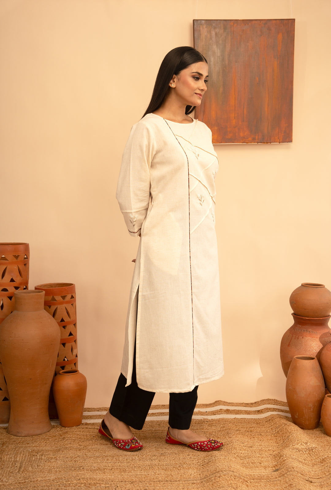 Women’s Chanderi Round Neck Mukaish Regular Fit Kurta - Arya collection