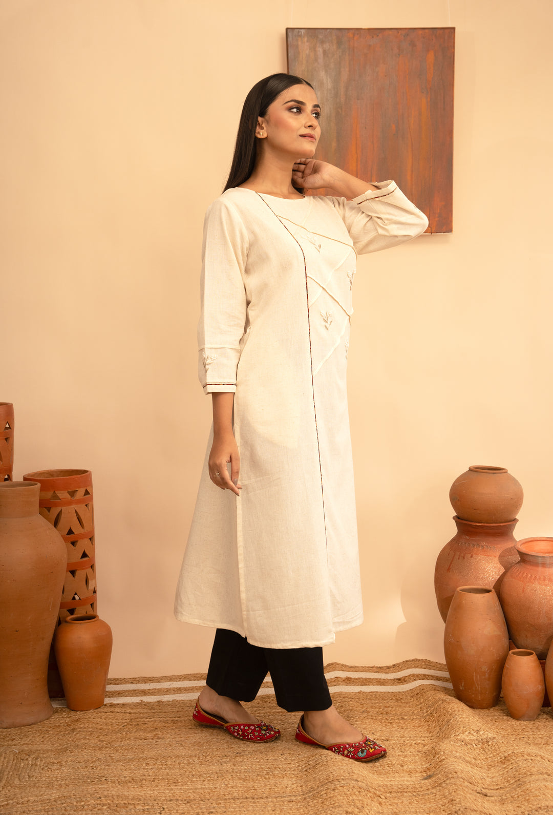 Women’s Chanderi Round Neck Mukaish Regular Fit Kurta - Arya collection