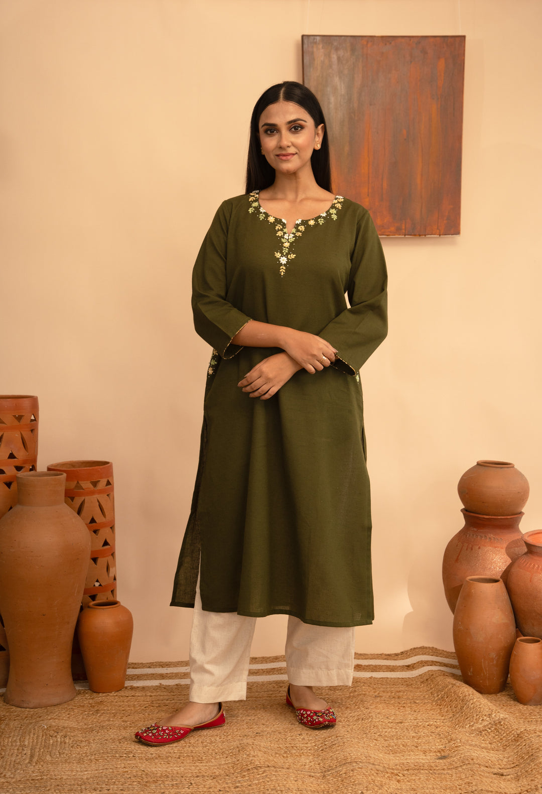 Women’s Cotton Flex Round Neck Kashmiri Hand-Embroidered Regular Fit Kurta