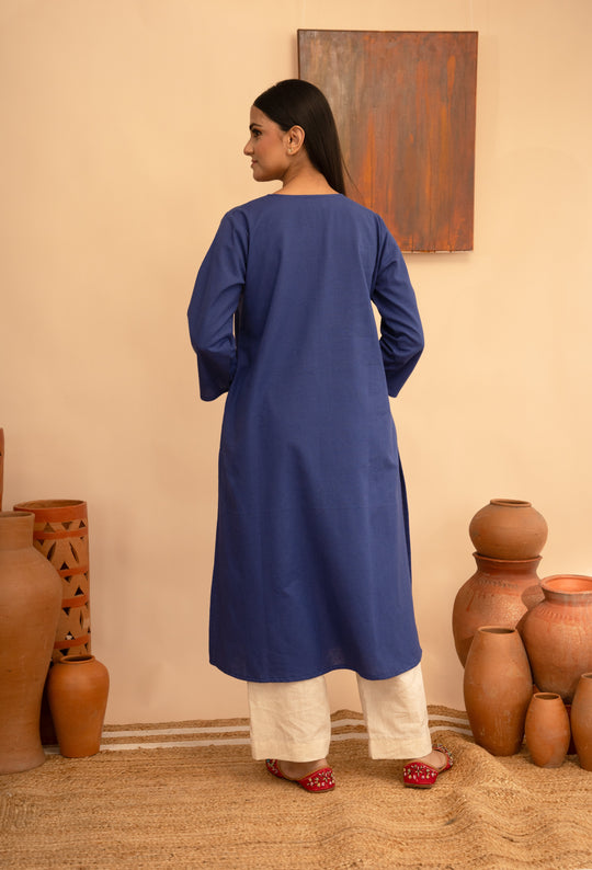 Women’s Cotton Flex Round Neck Kashmiri Hand-Embroidered Regular Fit Kurta