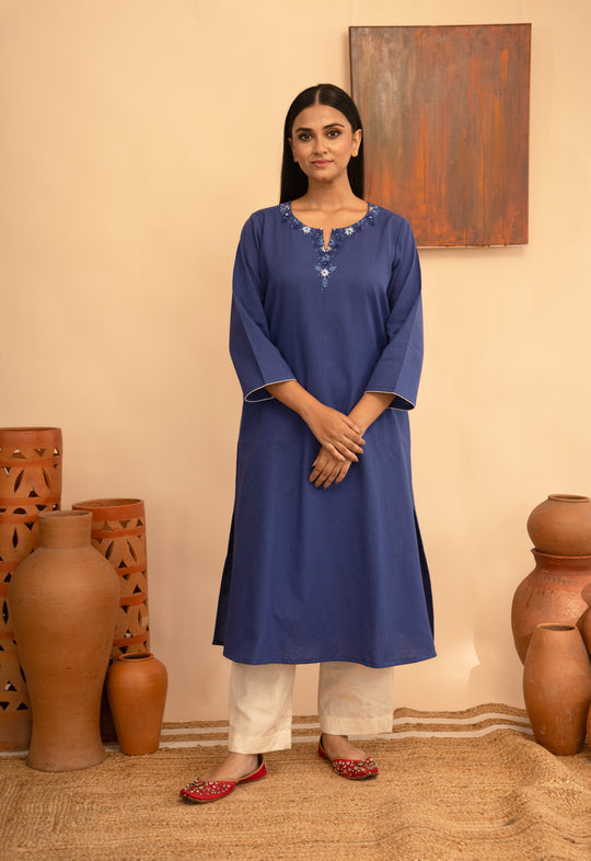 Women’s Cotton Flex Round Neck Kashmiri Hand-Embroidered Regular Fit Kurta - Arya collection