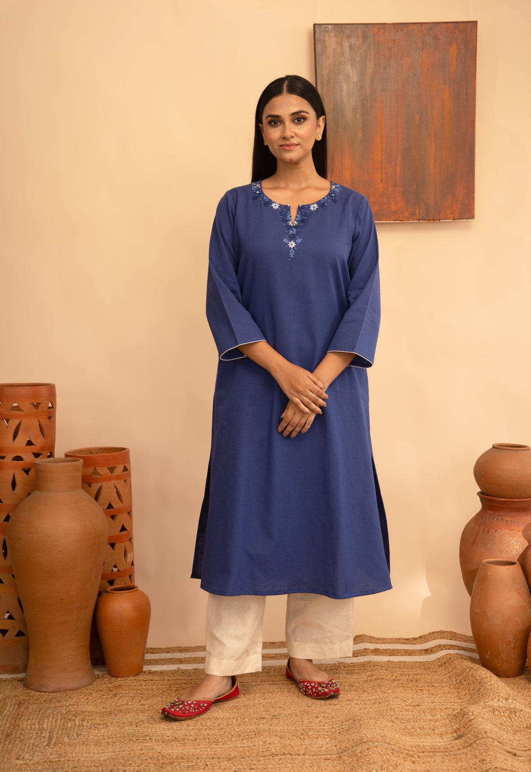 Women’s Cotton Flex Round Neck Kashmiri Hand-Embroidered Regular Fit Kurta