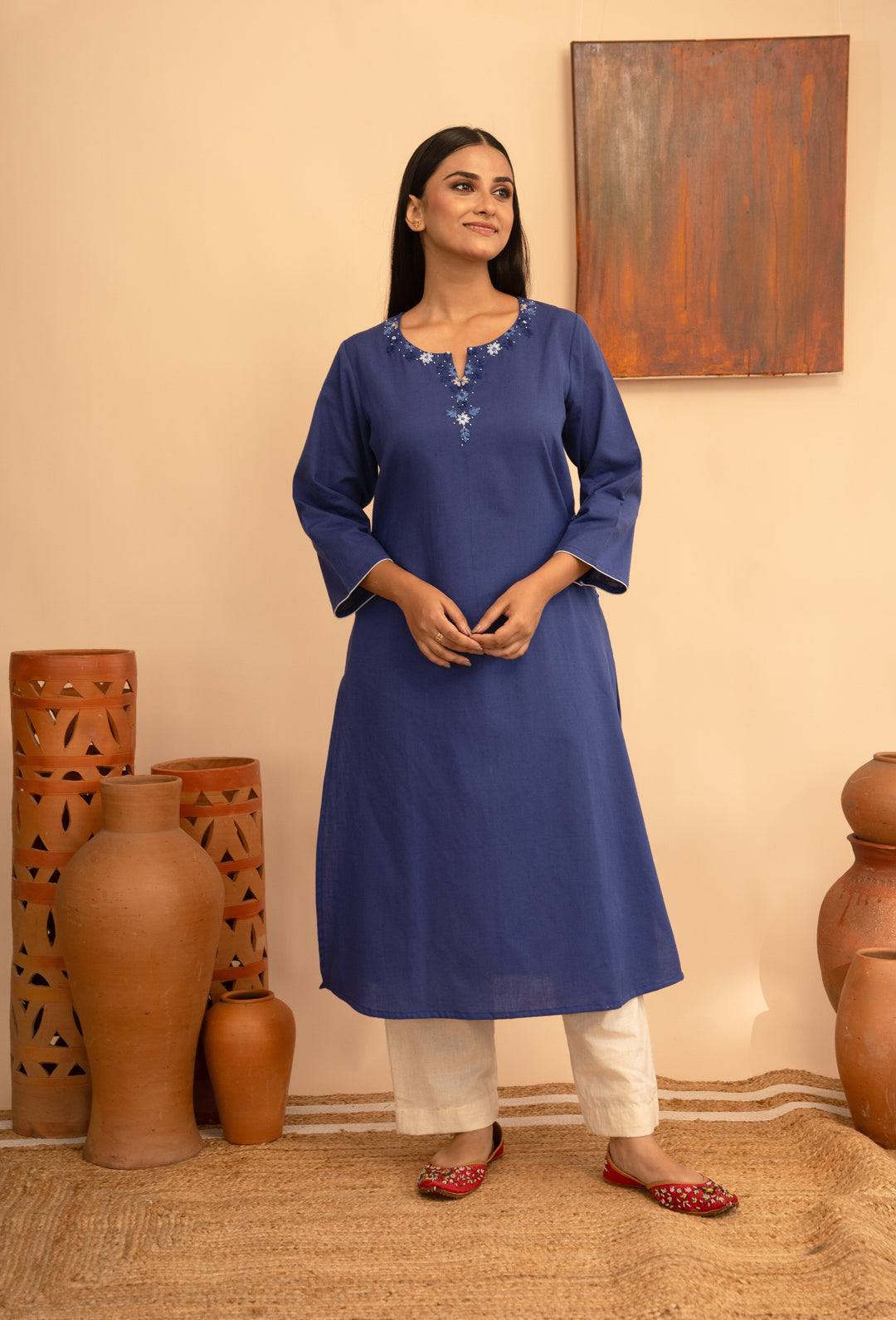 Women’s Cotton Flex Round Neck Kashmiri Hand-Embroidered Regular Fit Kurta