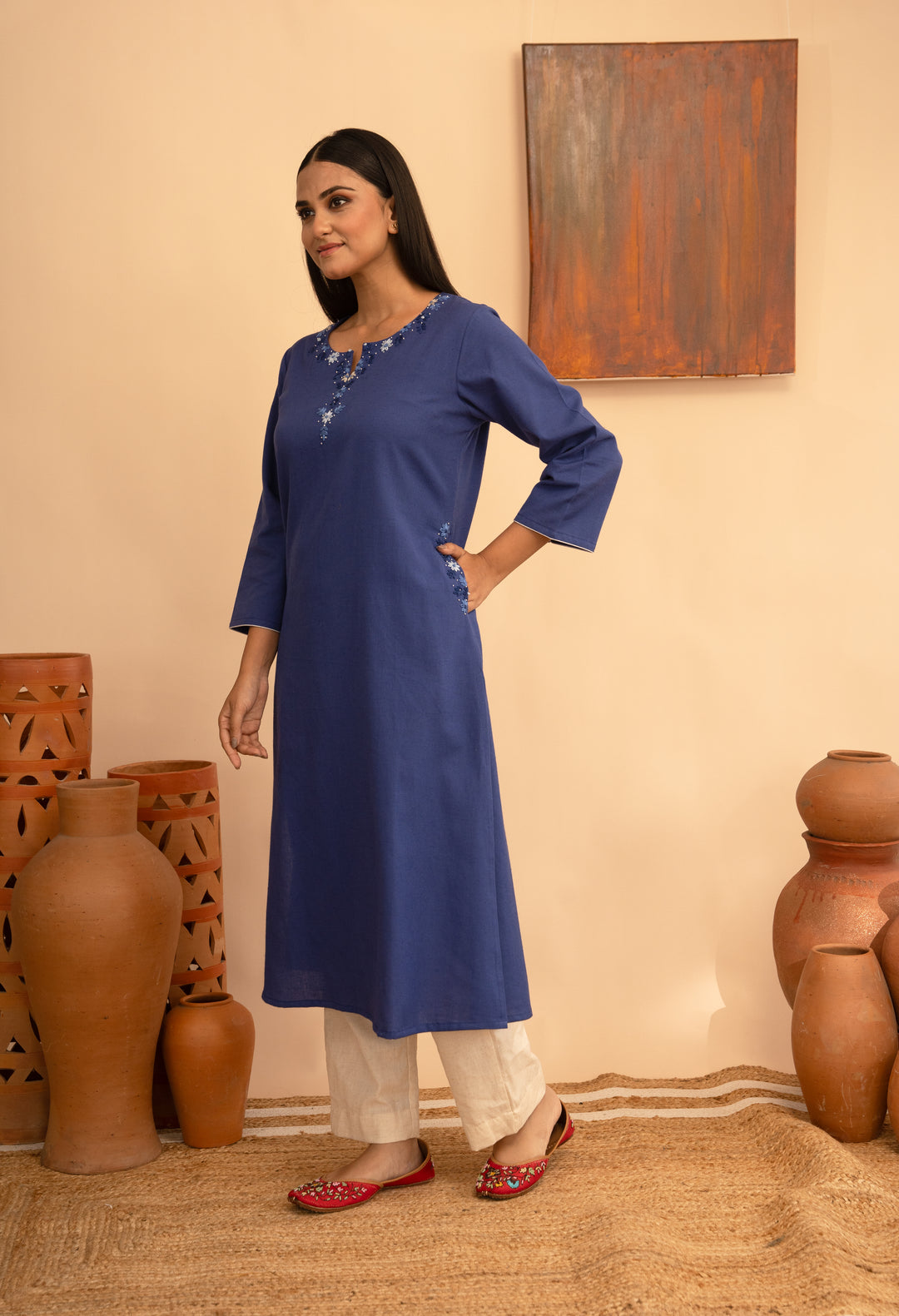 Women’s Cotton Flex Round Neck Kashmiri Hand-Embroidered Regular Fit Kurta - Arya collection