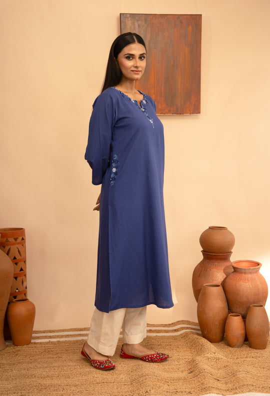 Women’s Cotton Flex Round Neck Kashmiri Hand-Embroidered Regular Fit Kurta - Arya collection