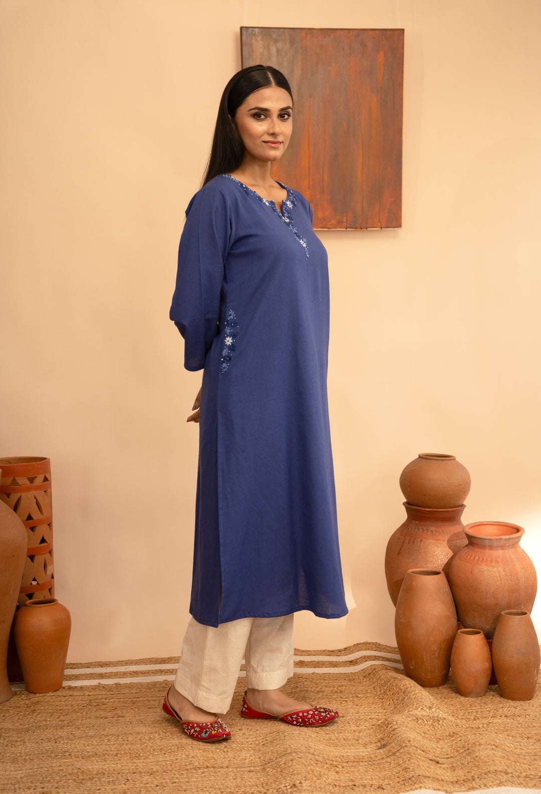 Women’s Cotton Flex Round Neck Kashmiri Hand-Embroidered Regular Fit Kurta