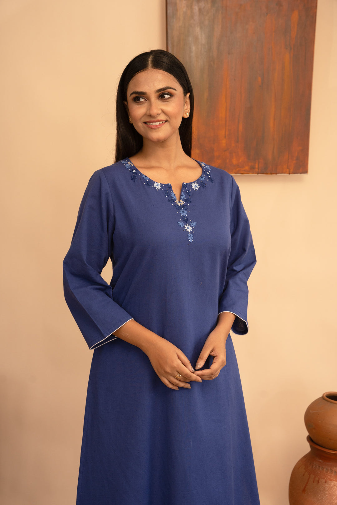 Women’s Cotton Flex Round Neck Kashmiri Hand-Embroidered Regular Fit Kurta