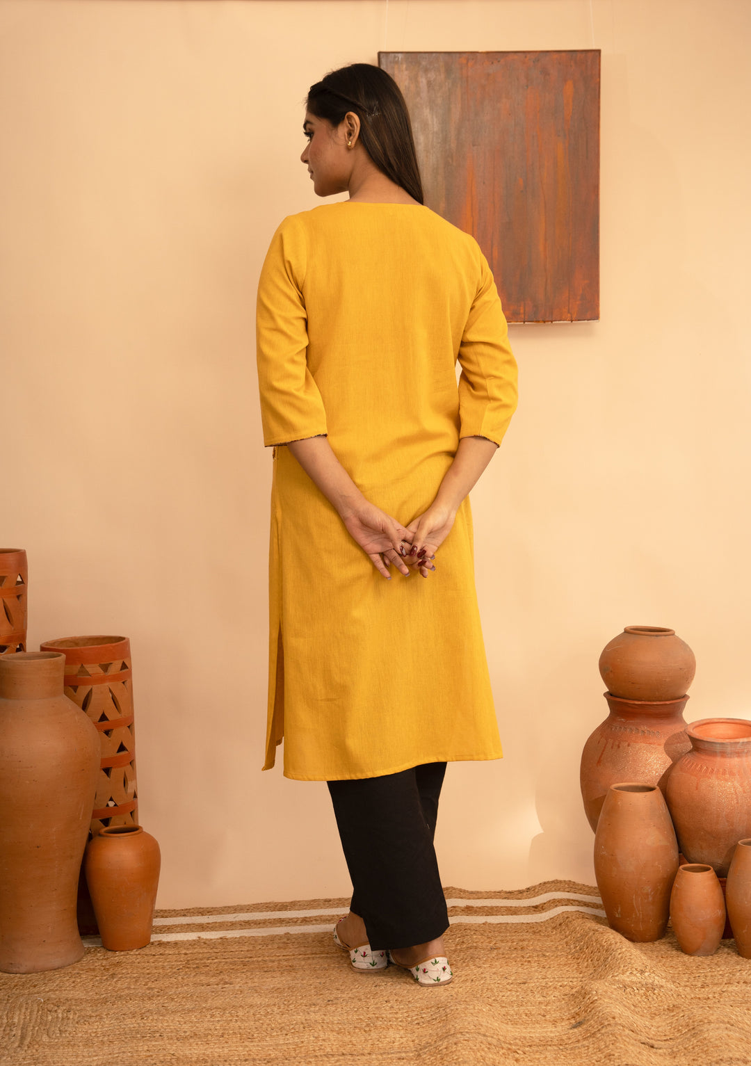 Women’s Cotton Flex Round Neck Kashmiri Hand-Embroidered Regular Fit Kurta