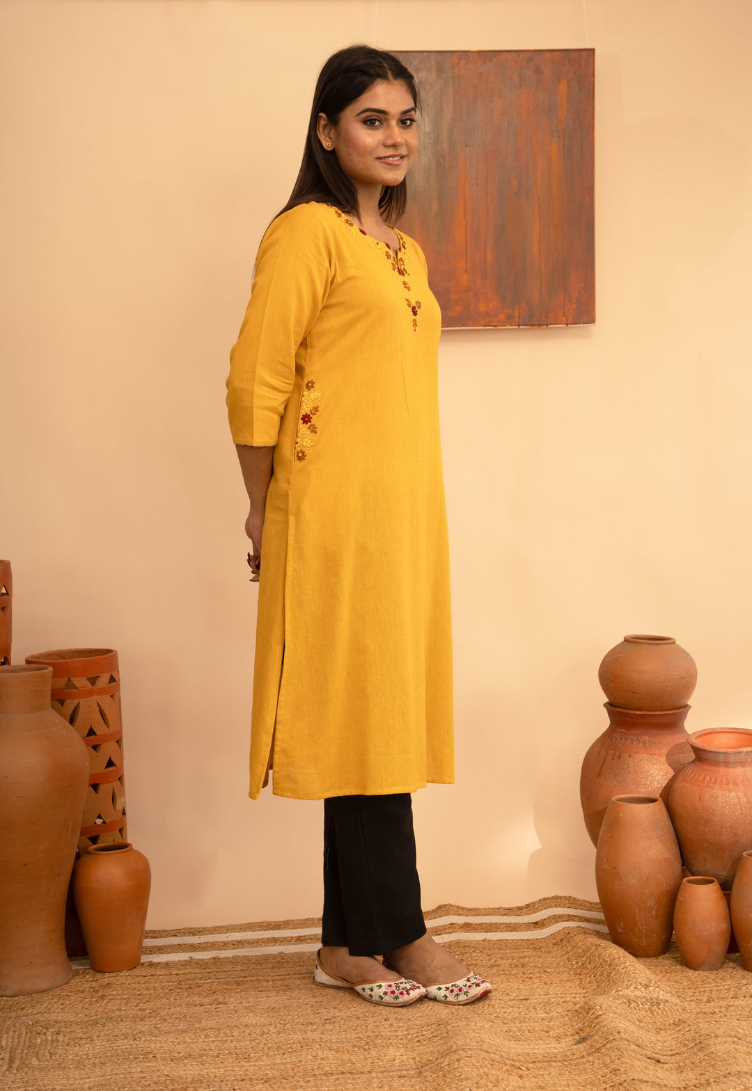 Women’s Cotton Flex Round Neck Kashmiri Hand-Embroidered Regular Fit Kurta