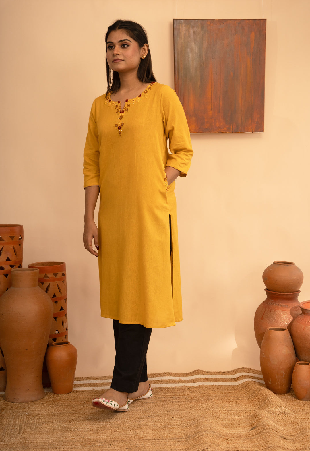 Women’s Cotton Flex Round Neck Kashmiri Hand-Embroidered Regular Fit Kurta