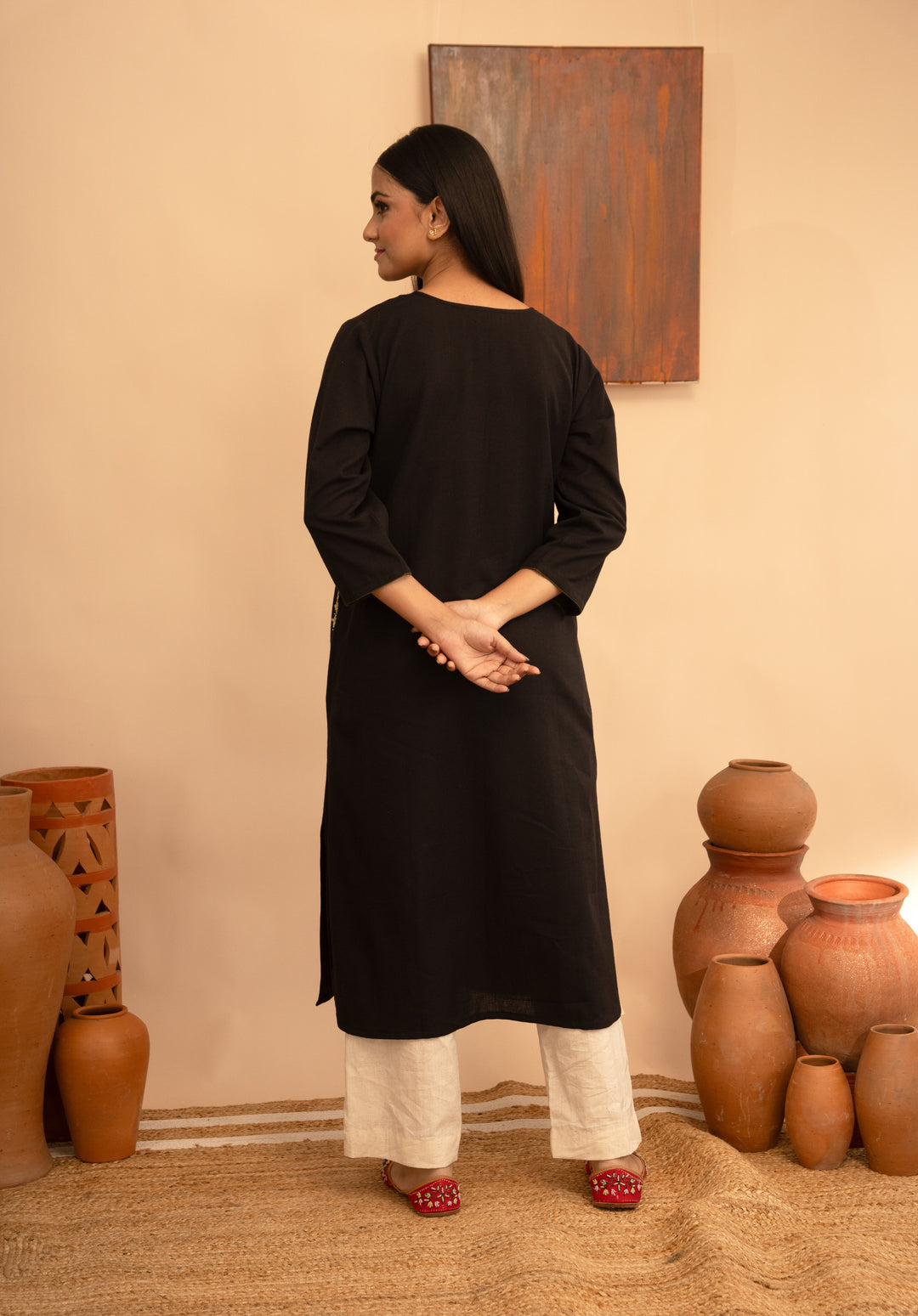 Women’s Cotton Flex Round Neck Kashmiri Hand-Embroidered Regular Fit Kurta