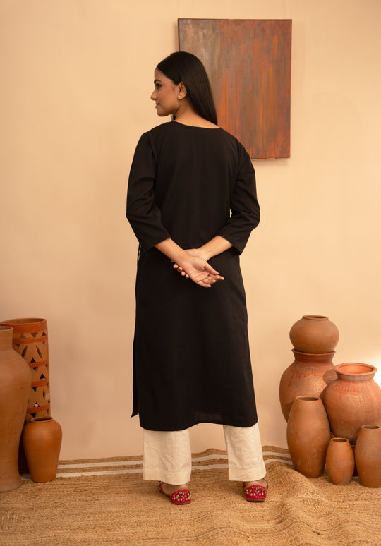 Women’s Cotton Flex Round Neck Kashmiri Hand-Embroidered Regular Fit Kurta