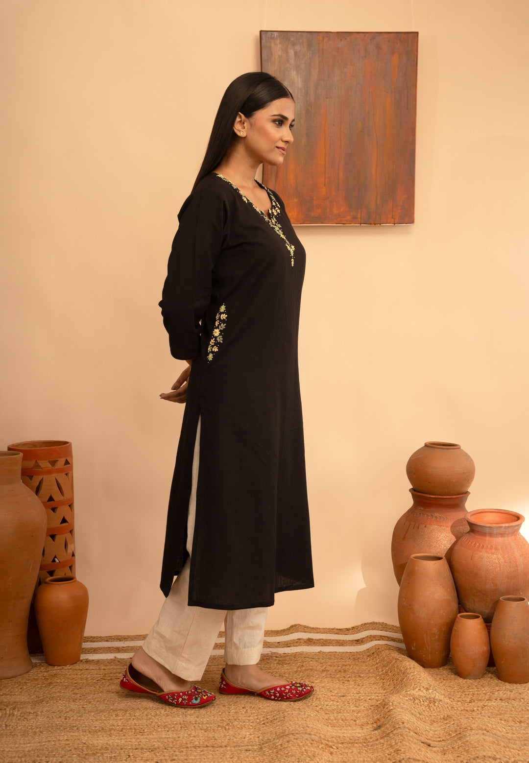 Women’s Cotton Flex Round Neck Kashmiri Hand-Embroidered Regular Fit Kurta - Arya collection