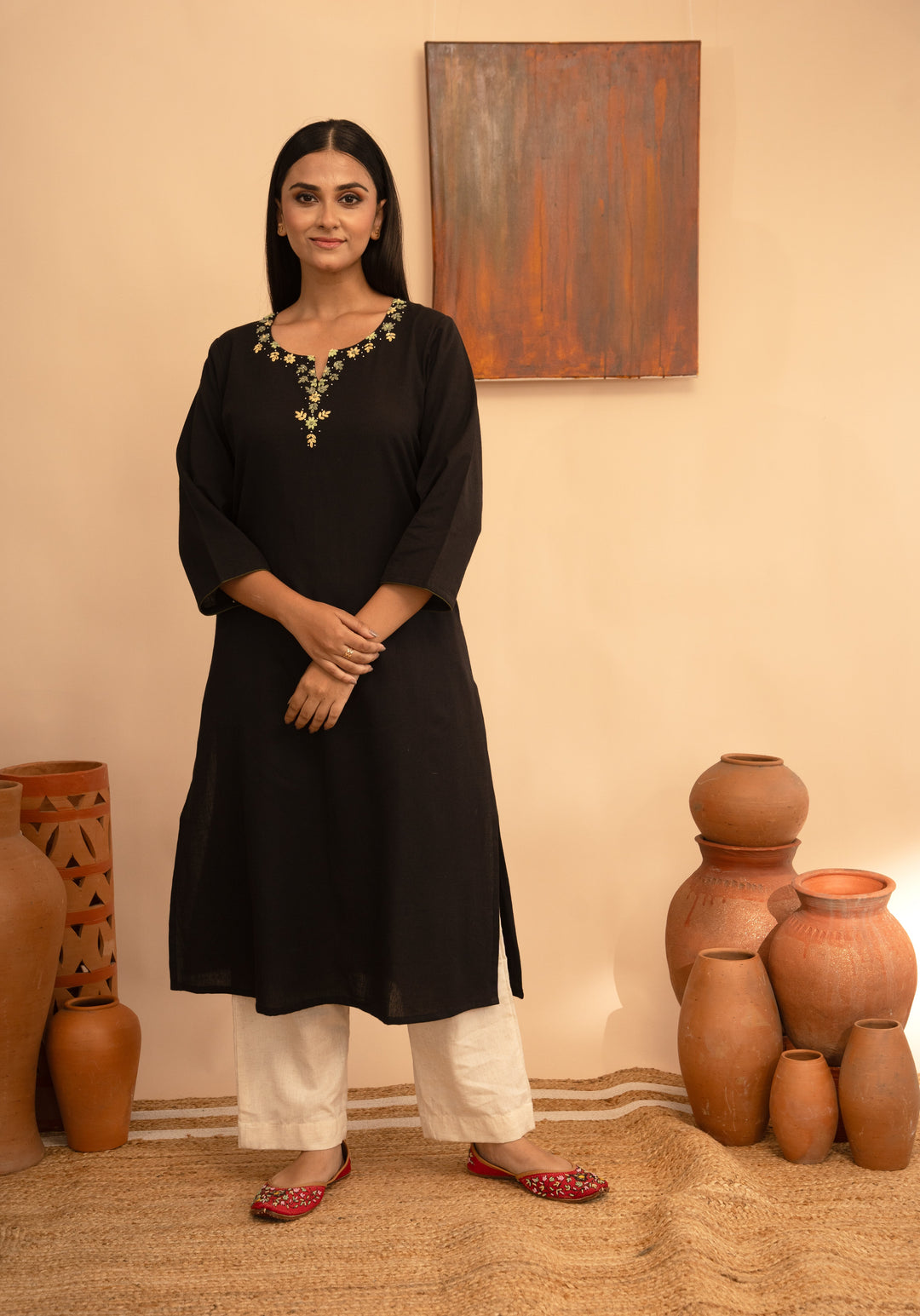 Women’s Cotton Flex Round Neck Kashmiri Hand-Embroidered Regular Fit Kurta