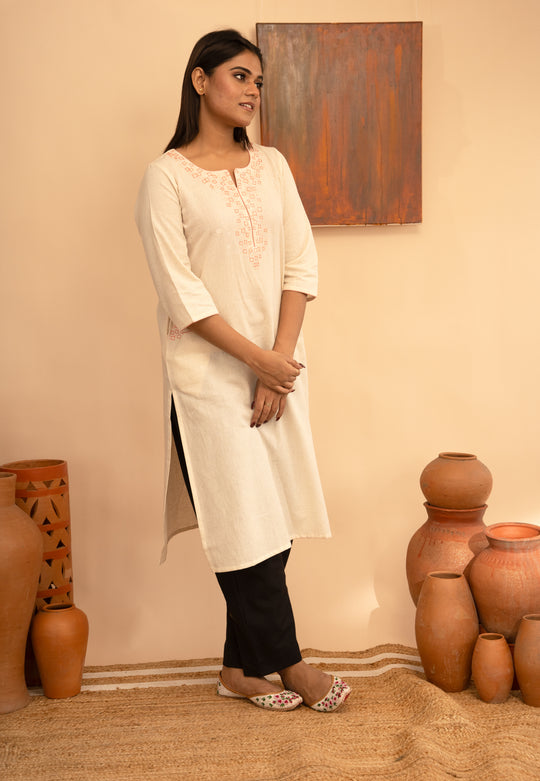 Women’s Handloom Ivory  Cotton Flex Round Neck Embroidered Regular Fit Kurta - Arya collection