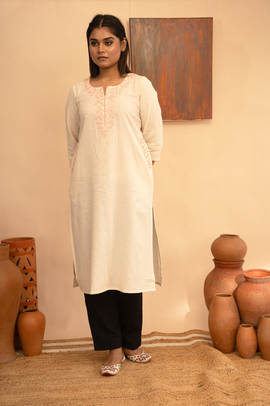 Women’s Handloom Ivory  Cotton Flex Round Neck Embroidered Regular Fit Kurta - Arya collection