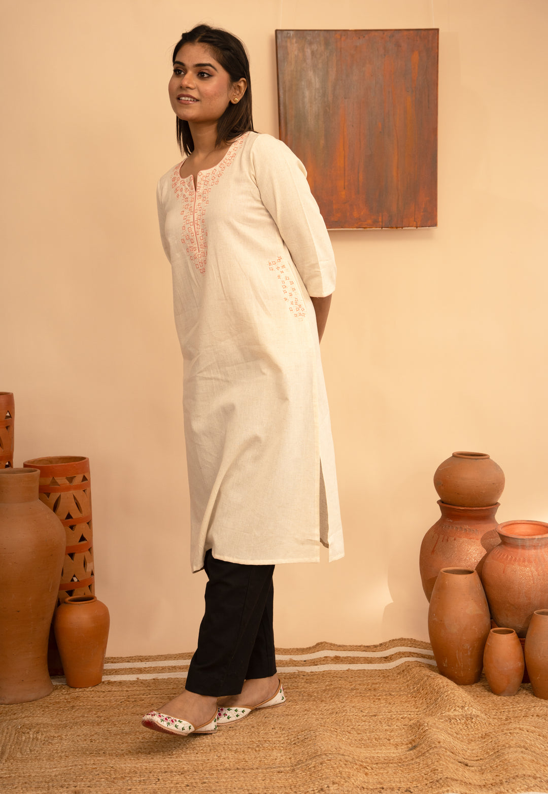 Women’s Handloom Ivory  Cotton Flex Round Neck Embroidered Regular Fit Kurta - Arya collection