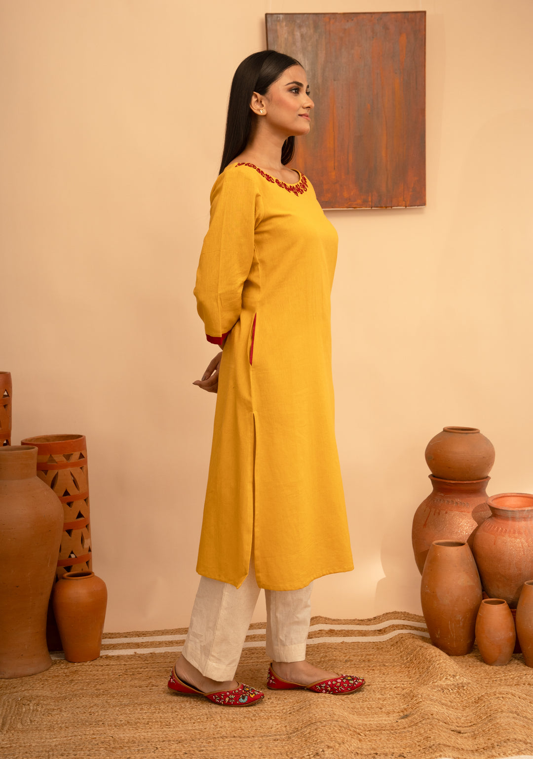 Women’s Cotton Flex Round Neck Hand-Embroidered Regular Fit Kurta - Arya collection