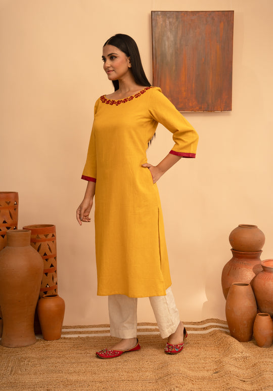 Women’s Cotton Flex Round Neck Hand-Embroidered Regular Fit Kurta - Arya collection