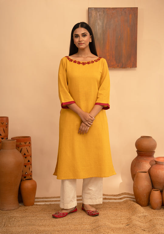 Women’s Cotton Flex Round Neck Hand-Embroidered Regular Fit Kurta - Arya collection