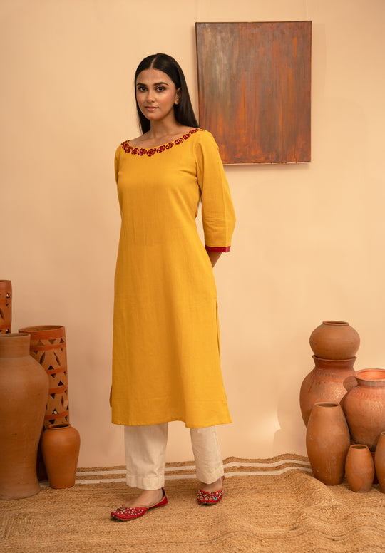 Women’s Cotton Flex Round Neck Hand-Embroidered Regular Fit Kurta - Arya collection