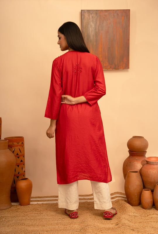 Women’s Chanderi Round Neck Mukaish Regular Fit Kurta - Arya collection