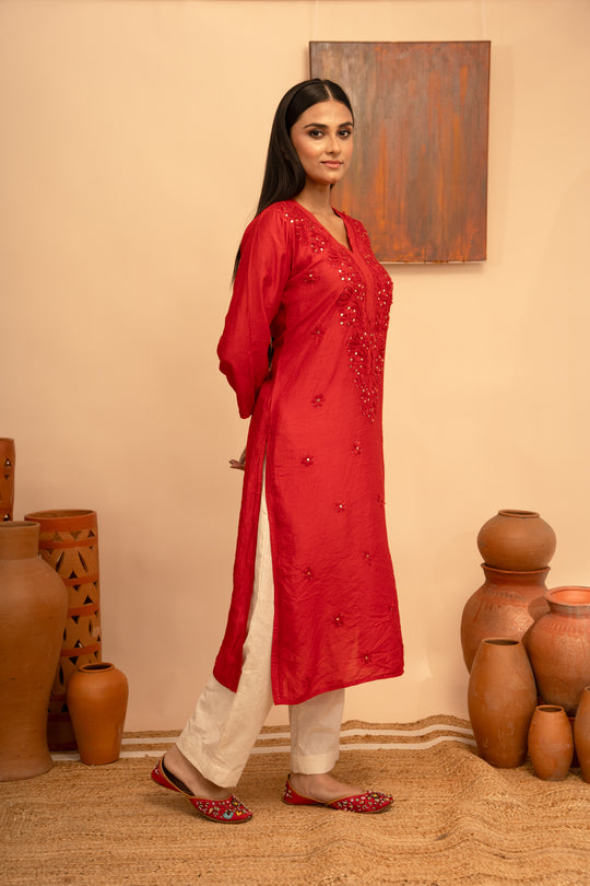 Women’s Chanderi Round Neck Mukaish Regular Fit Kurta - Arya collection