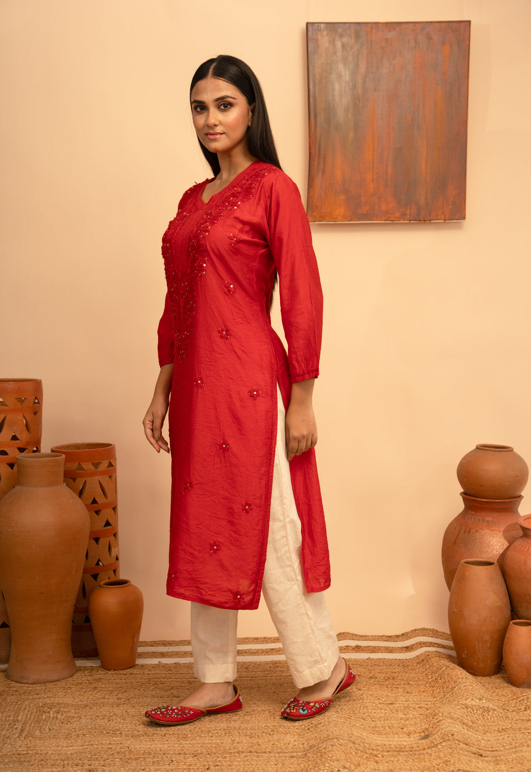 Women’s Chanderi Round Neck Mukaish Regular Fit Kurta - Arya collection