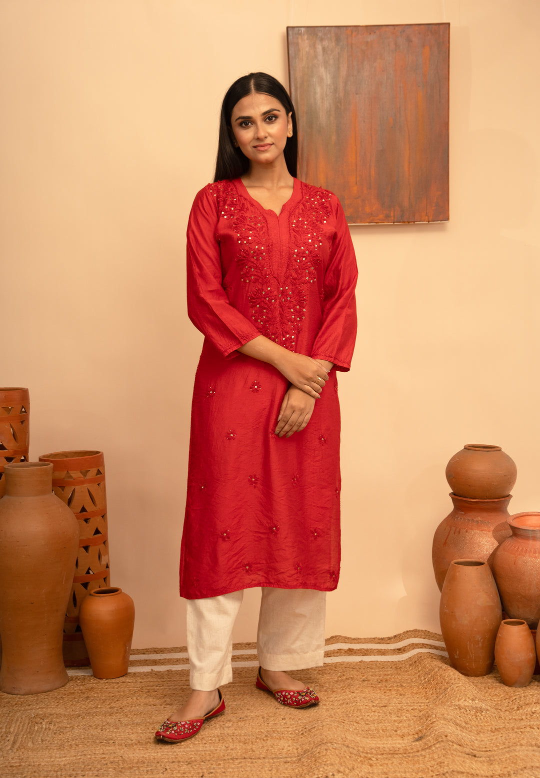 Women’s Chanderi Round Neck Mukaish Regular Fit Kurta - Arya collection