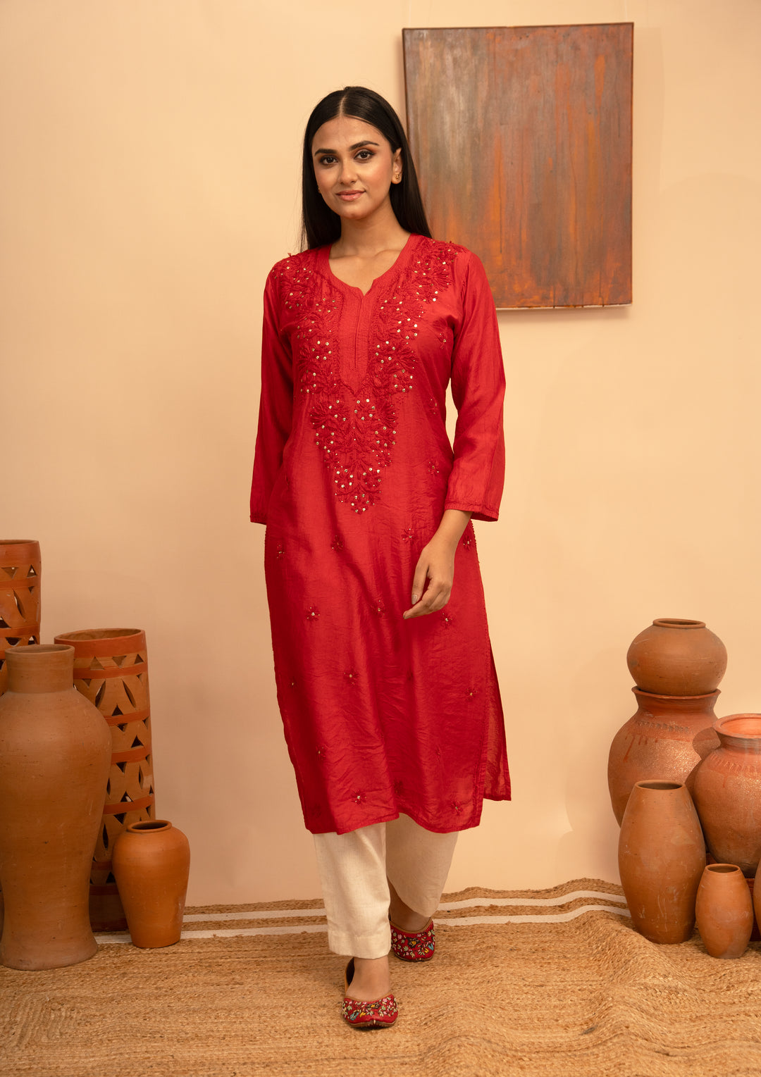 Women’s Chanderi Round Neck Mukaish Regular Fit Kurta - Arya collection