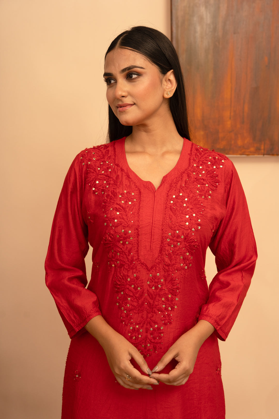 Women’s Chanderi Round Neck Mukaish Regular Fit Kurta - Arya collection