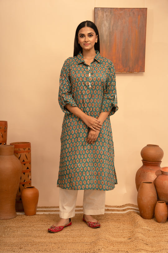 Women’s Green Block-Printed Kurta with Pockets and Adjustable Sleeves - Arya collection