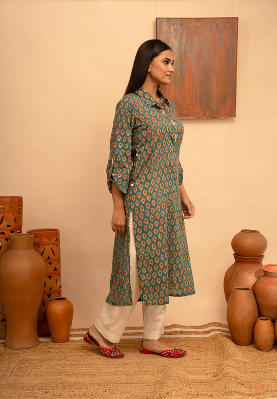 Women’s Green Block-Printed Kurta with Pockets and Adjustable Sleeves - Arya collection