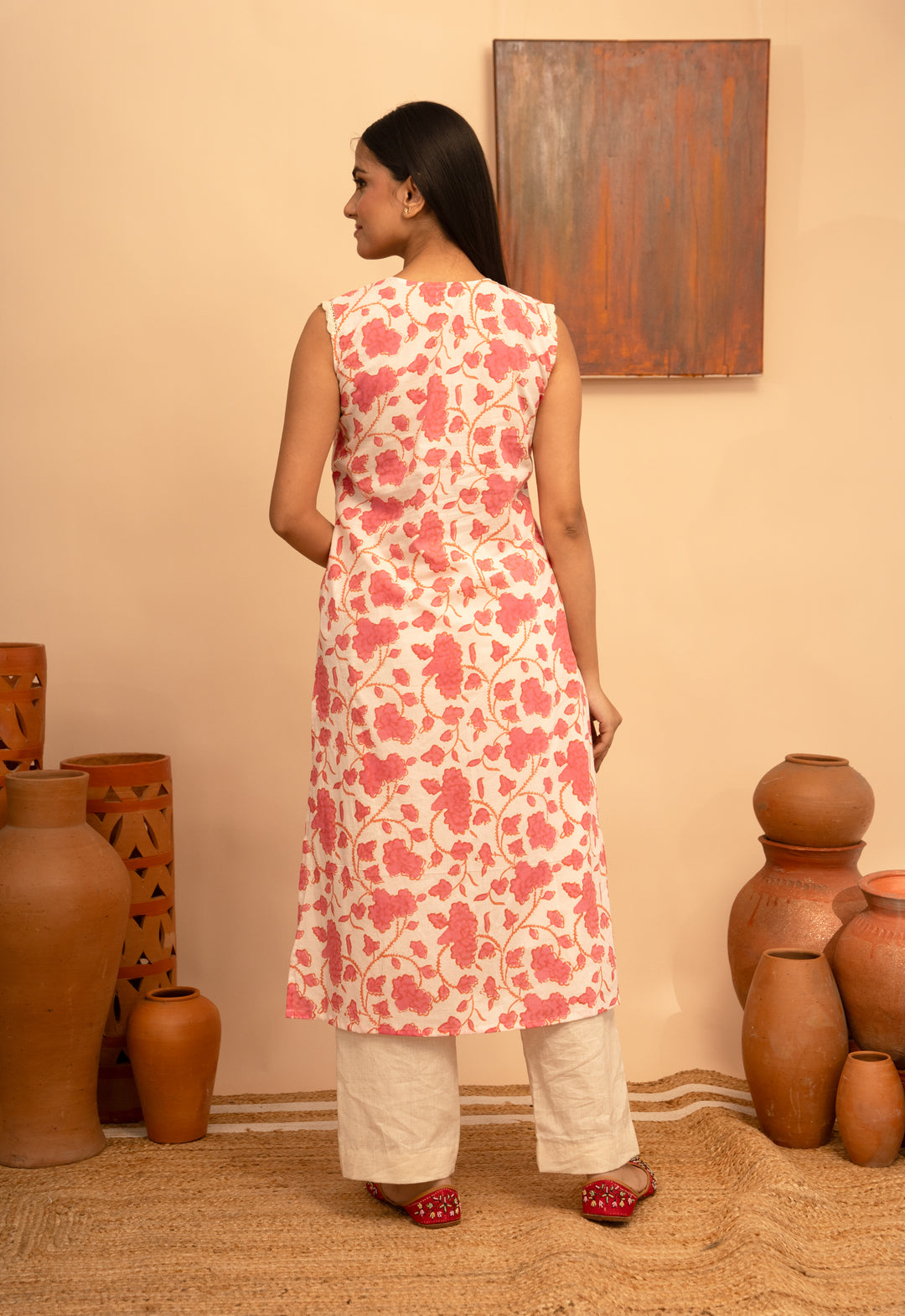 Women’s Cotton V-Neck Jaal Block-Printed Regular Fit Kurta  - Arya collection