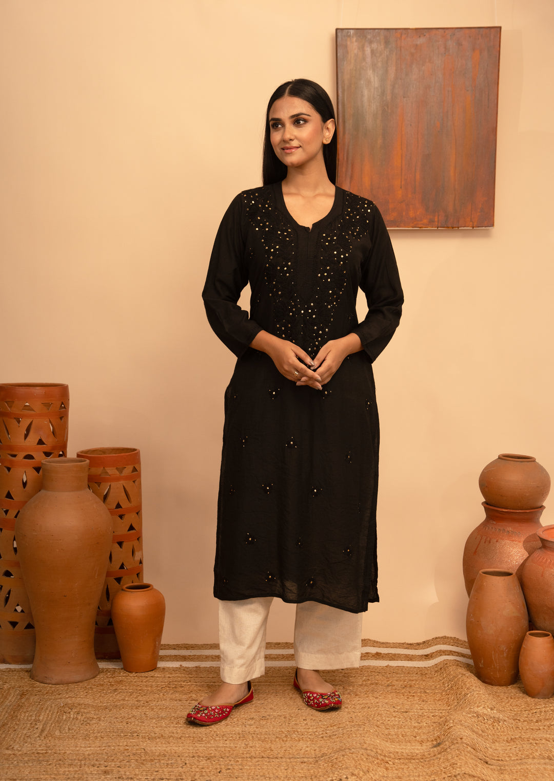 Women’s Chanderi Round Neck Mukaish Regular Fit Kurta - Arya collection