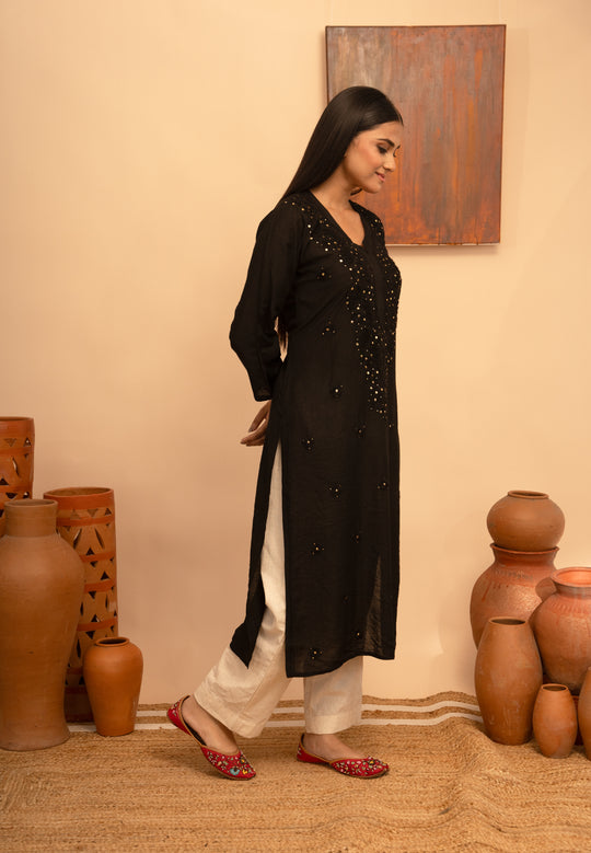 Women’s Chanderi Round Neck Mukaish Regular Fit Kurta - Arya collection