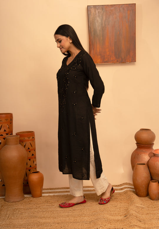 Women’s Chanderi Round Neck Mukaish Regular Fit Kurta - Arya collection