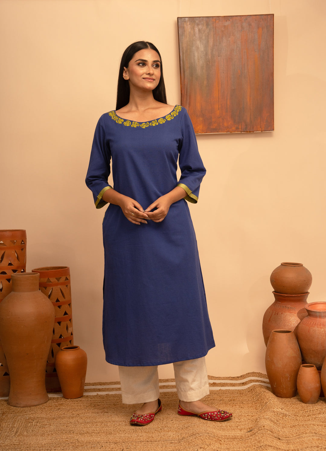 Women’s Cotton Flex Round Neck Hand-Embroidered Regular Fit Kurta