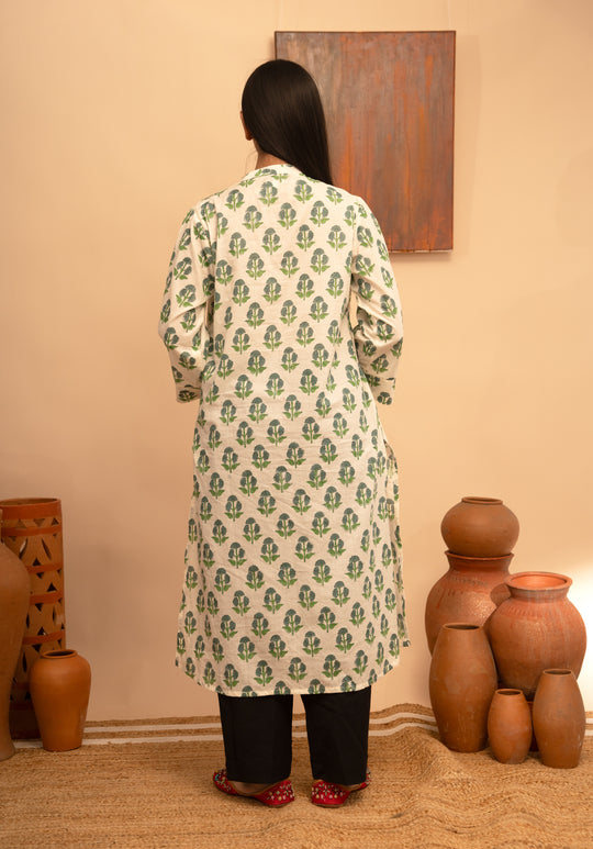 Women’s Cotton White Collar Neck Block-Printed Regular Fit Kurta - Arya collection