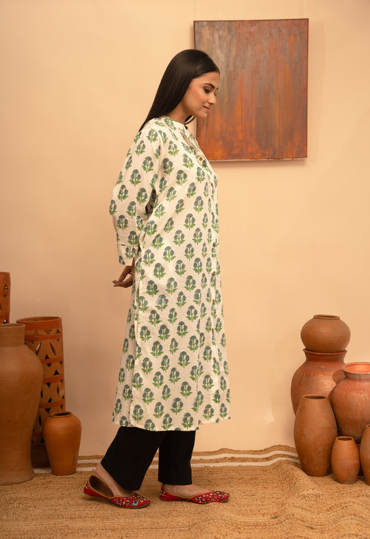 Women’s Cotton White Collar Neck Block-Printed Regular Fit Kurta - Arya collection