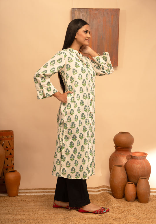 Women’s White Block-Printed Cotton Kurta with Crochet Lace Detailing - Arya collection