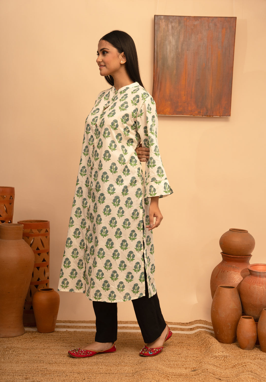 Women’s White Block-Printed Cotton Kurta with Crochet Lace Detailing - Arya collection