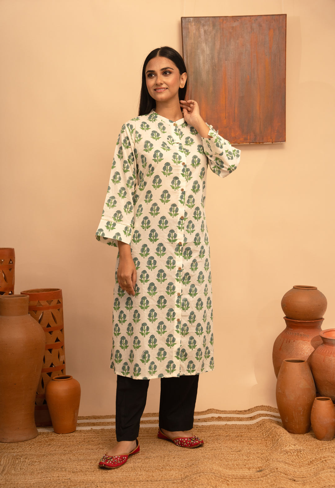 Women’s White Block-Printed Cotton Kurta with Crochet Lace Detailing - Arya collection