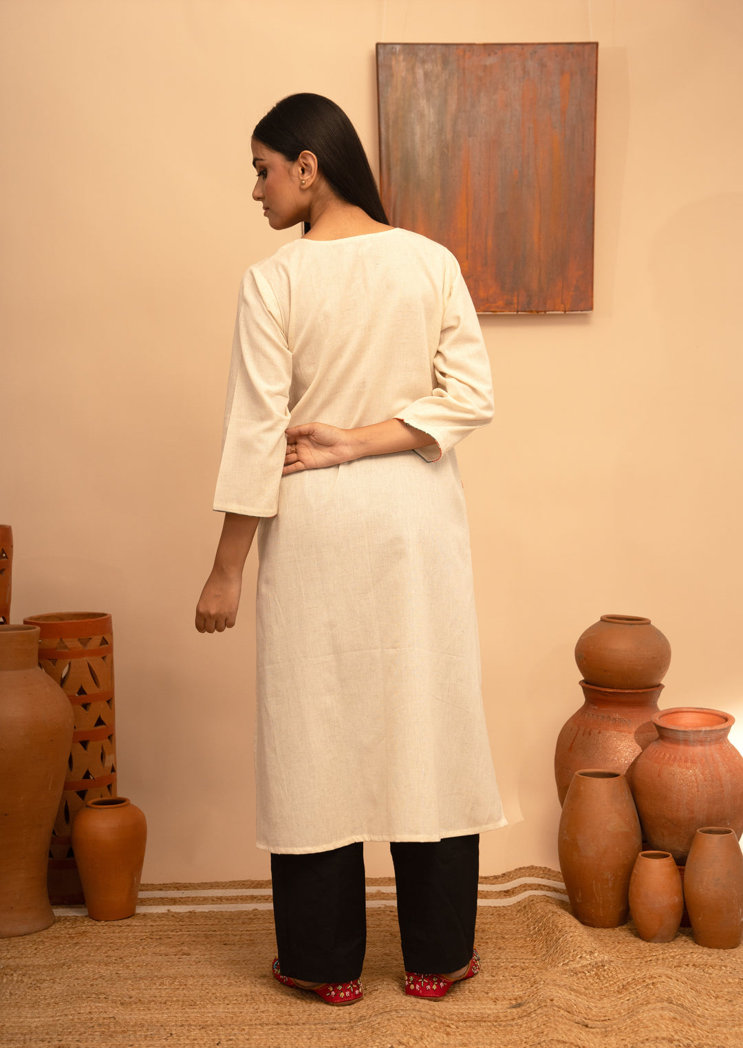 Women’s Cotton Flex Round Neck Kashmiri Hand-Embroidered Regular Fit Kurta