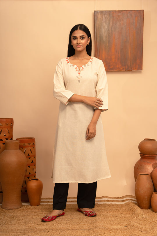 Women’s Cotton Flex Round Neck Kashmiri Hand-Embroidered Regular Fit Kurta